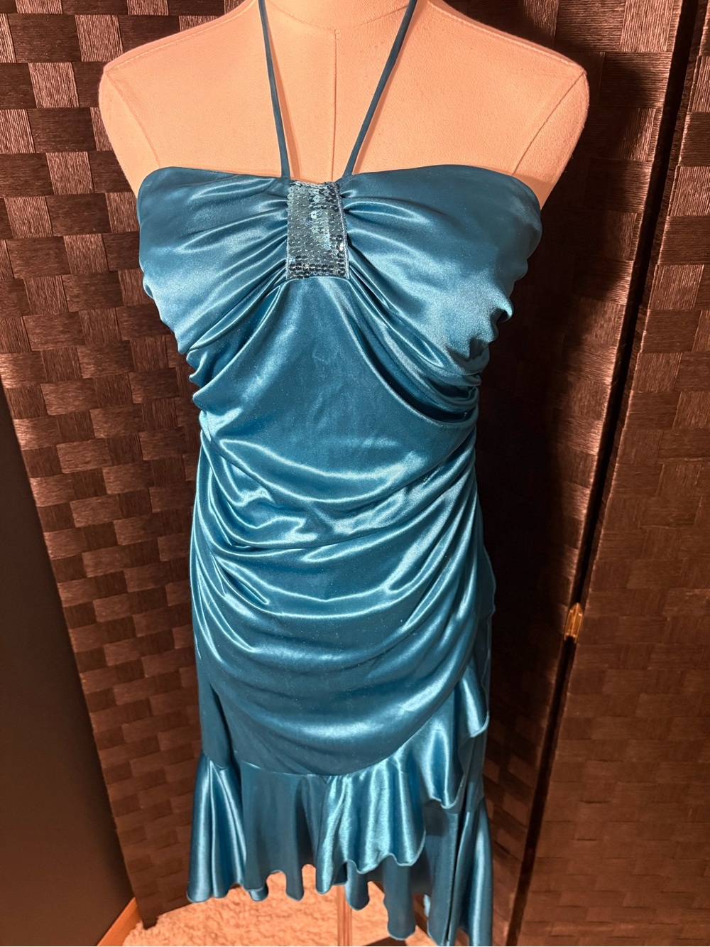 Vtg City Triangles Y2K Satin Halter Formal Dress Teal Sequin Ruched Prom 2000s